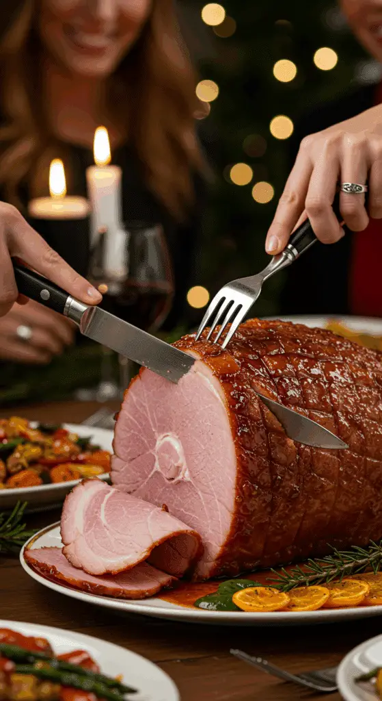 The whole, homemade, impressive, and glazed Holiday Ham being carved as the centerpiece at a fun and sophisticated Christmas party.