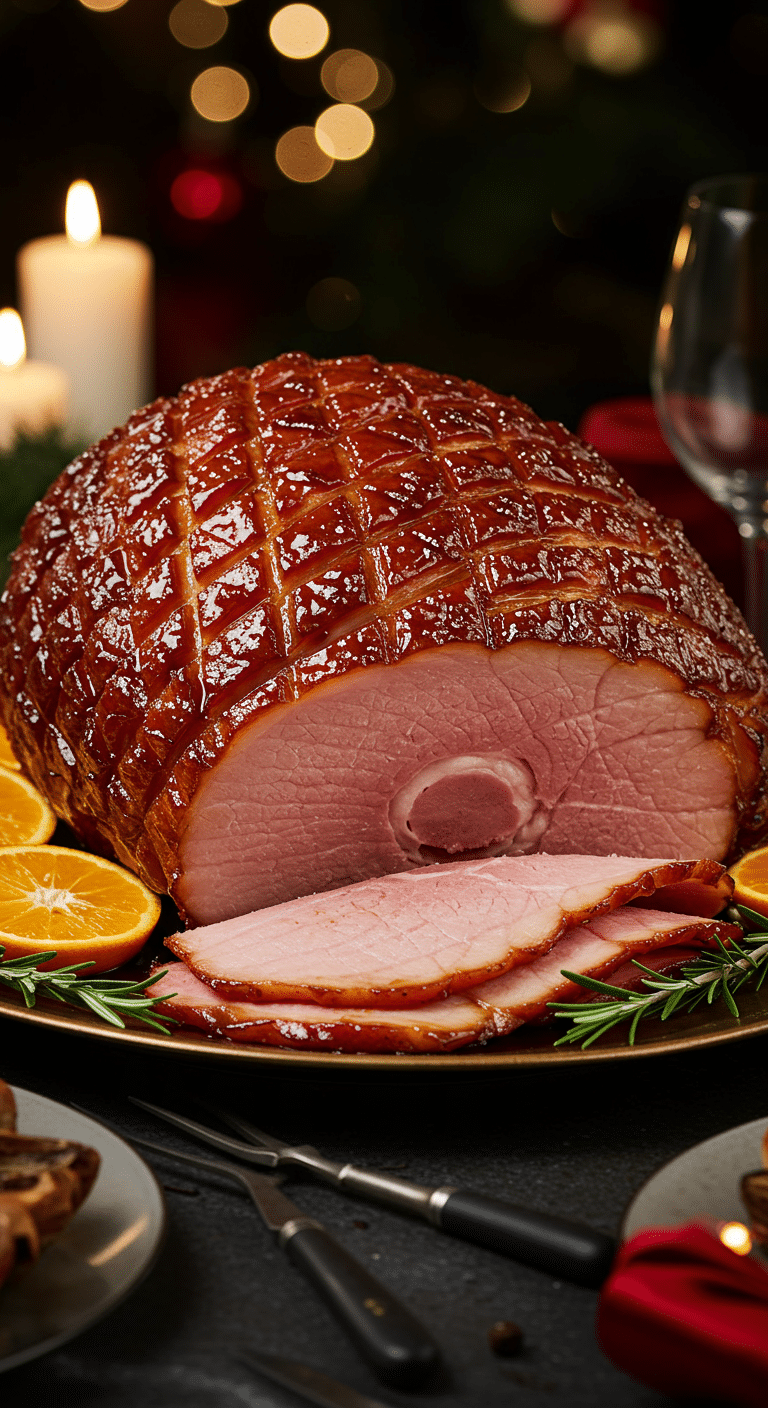 A beautiful, elegant platter with a homemade, juicy, and impressive Holiday Glazed Ham, with a glossy, dark glaze and a juicy, pink slice cut from the end.