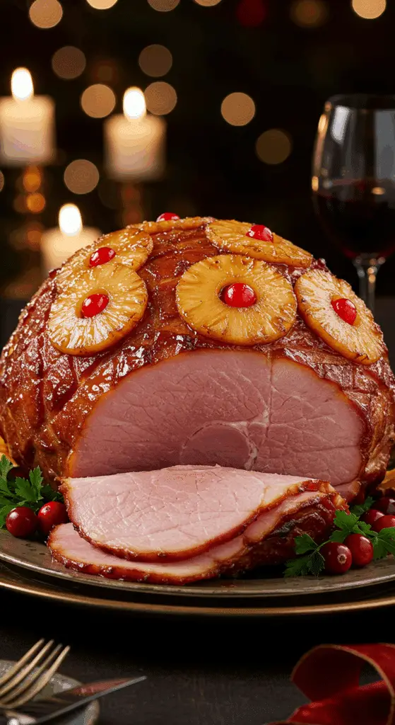 A beautiful, rustic platter with a homemade, juicy, and impressive Holiday Pineapple Honey-Glazed Ham, with a glossy glaze, pineapple rings, and cherries.