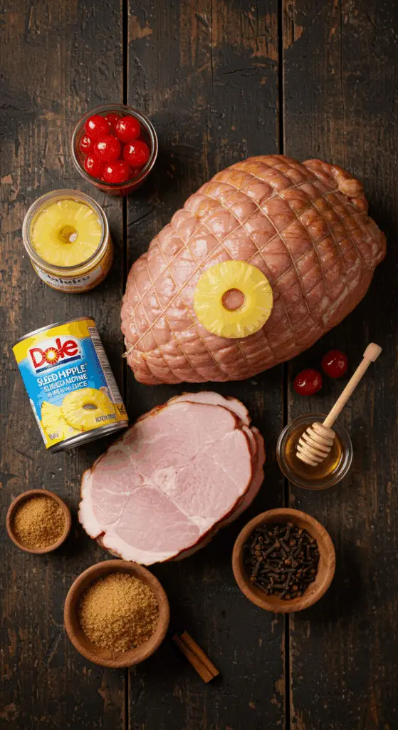 The simple, from-scratch ingredients for the classic and impressive Holiday Pineapple Honey-Glazed Ham recipe.