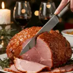The whole, homemade, impressive, and glazed Pineapple Honey-Glazed Ham being carved as the centerpiece at a fun and sophisticated Christmas party.