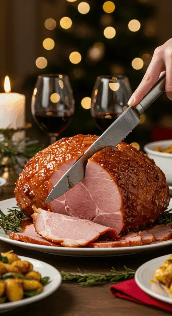 The whole, homemade, impressive, and glazed Pineapple Honey-Glazed Ham being carved as the centerpiece at a fun and sophisticated Christmas party.