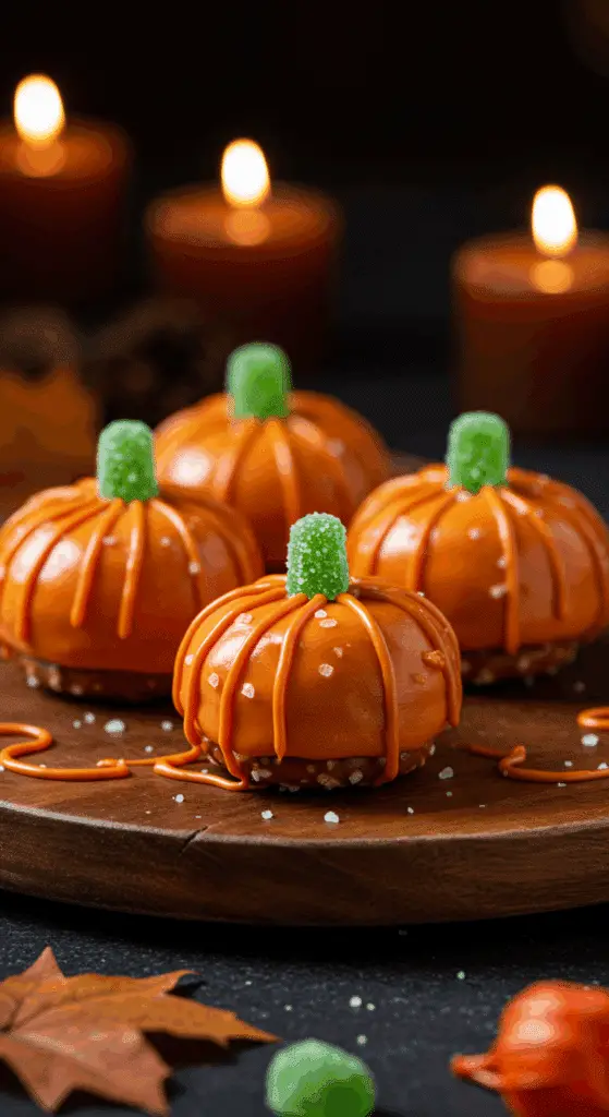 A beautiful, rustic platter of homemade, cute, and easy Pretzel Pumpkins, with a vibrant orange candy coating and a green candy stem.