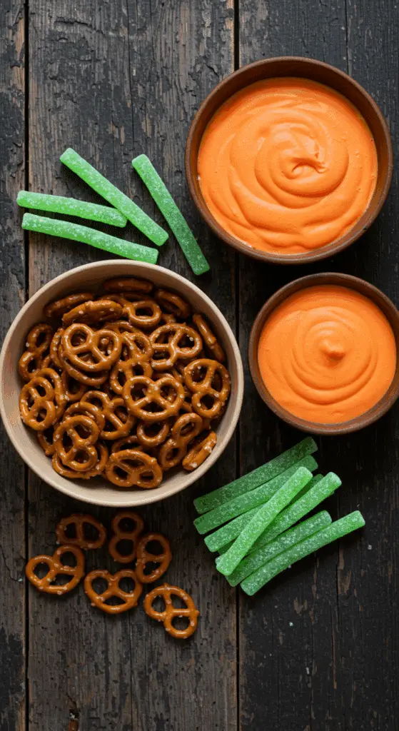 The simple, 3-ingredient components for the easy and spooky Pretzel Pumpkins recipe.