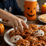 A large platter of homemade, spooky, and adorable Pretzel Pumpkins being served at a fun and casual Halloween party.