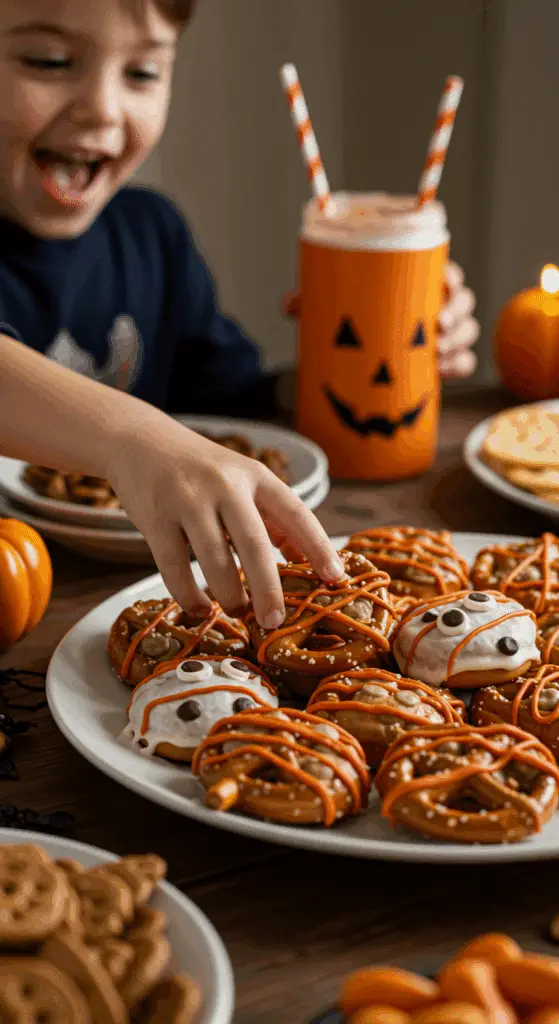 A large platter of homemade, spooky, and adorable Pretzel Pumpkins being served at a fun and casual Halloween party.