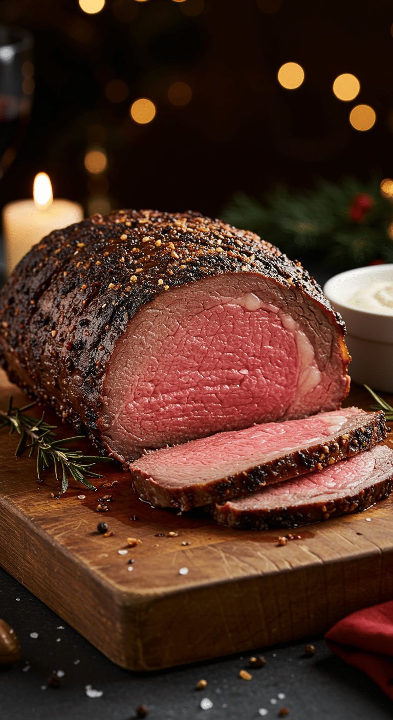 A beautiful, rustic cutting board with a homemade, juicy, and impressive Christmas Prime Rib, with a crispy, dark crust and a perfect, rosy-pink, medium-rare interior.