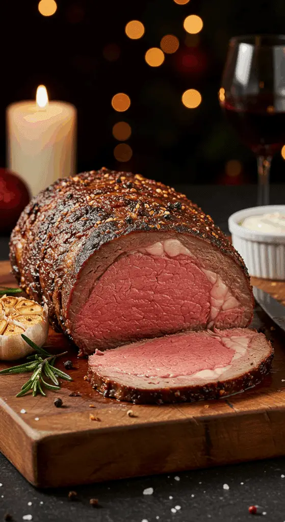 A beautiful, rustic cutting board with a homemade, juicy, and impressive Christmas Prime Rib, with a crispy, dark crust and a perfect, rosy-pink, medium-rare interior.