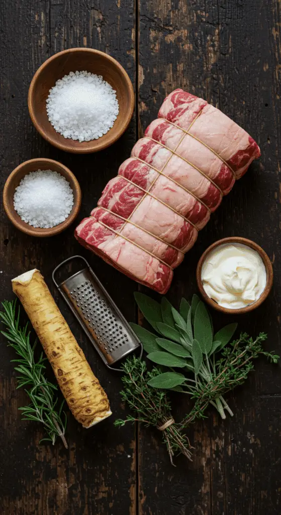 The simple, from-scratch ingredients for the classic and impressive Holiday Easy Prime Rib with Fresh Horseradish Sauce.