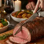 The whole, homemade, impressive, and crusted Prime Rib being carved as the centerpiece at a fun and sophisticated Christmas party.