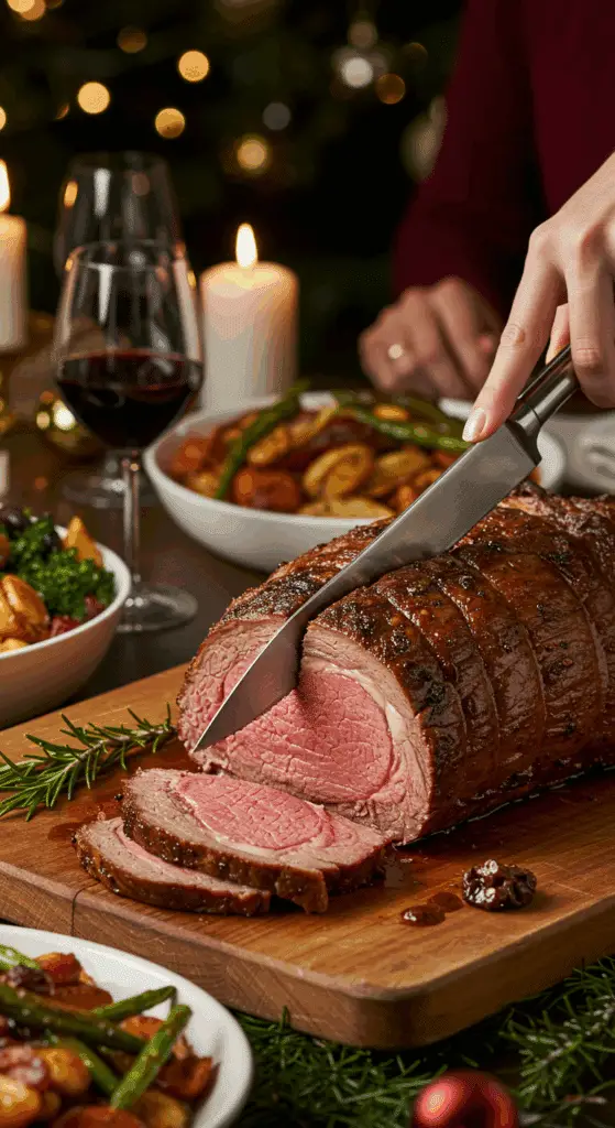 The whole, homemade, impressive, and crusted Prime Rib being carved as the centerpiece at a fun and sophisticated Christmas party.