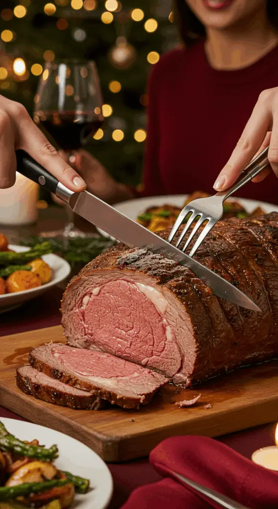 The whole, homemade, impressive, and crusted Prime Rib being carved as the centerpiece at a fun and sophisticated Christmas party.