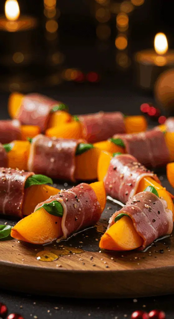 A beautiful, rustic platter of homemade, elegant, and easy Prosciutto-Wrapped Persimmons, with a glossy drizzle of olive oil and balsamic.