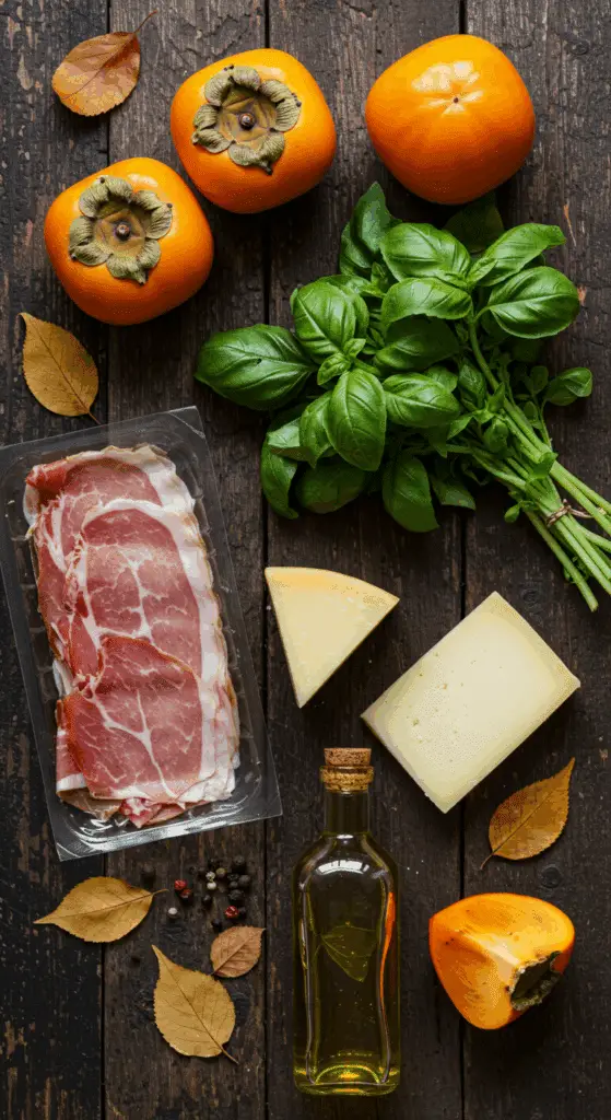 The simple, from-scratch ingredients for the classic and elegant Prosciutto-Wrapped Persimmons.
