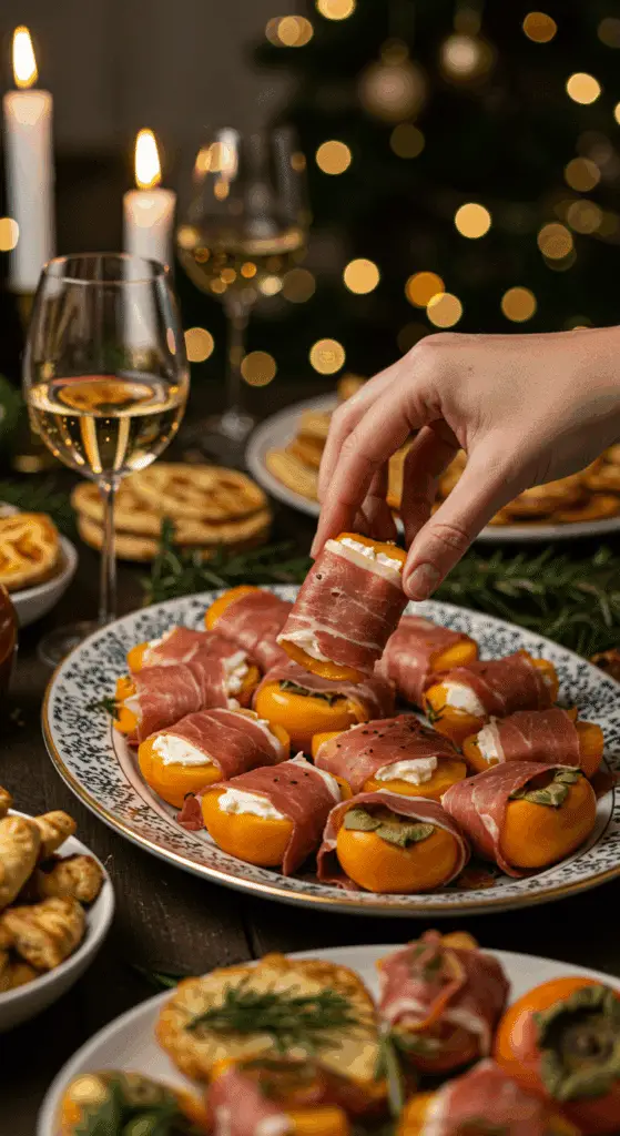 The large, homemade, impressive platter of Prosciutto-Wrapped Persimmons being served as the centerpiece at a fun and sophisticated holiday party.