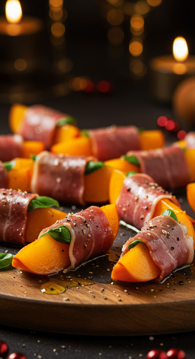 A beautiful, rustic platter of homemade, elegant, and easy Prosciutto-Wrapped Persimmons, with a glossy drizzle of olive oil and balsamic.