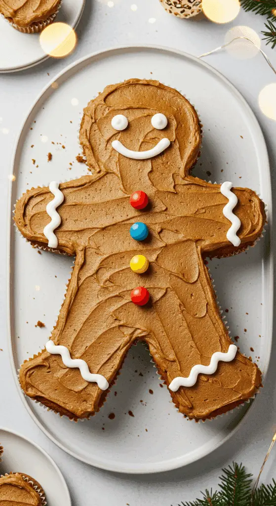 A beautiful, overhead shot of a homemade, festive Pull-Apart Gingerbread Man Cupcake Cake, with a dark, piped frosting, gumdrop buttons, and a single cupcake pulled away.