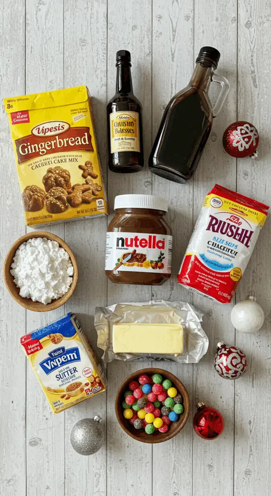 The simple, from-scratch ingredients and the fun, festive decorating components for the easy and festive Pull-Apart Gingerbread Man Cupcake Cake.