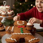 The whole, homemade, festive, and decorated Gingerbread Man Cupcake Cake being served as the centerpiece at a fun and casual Christmas party.