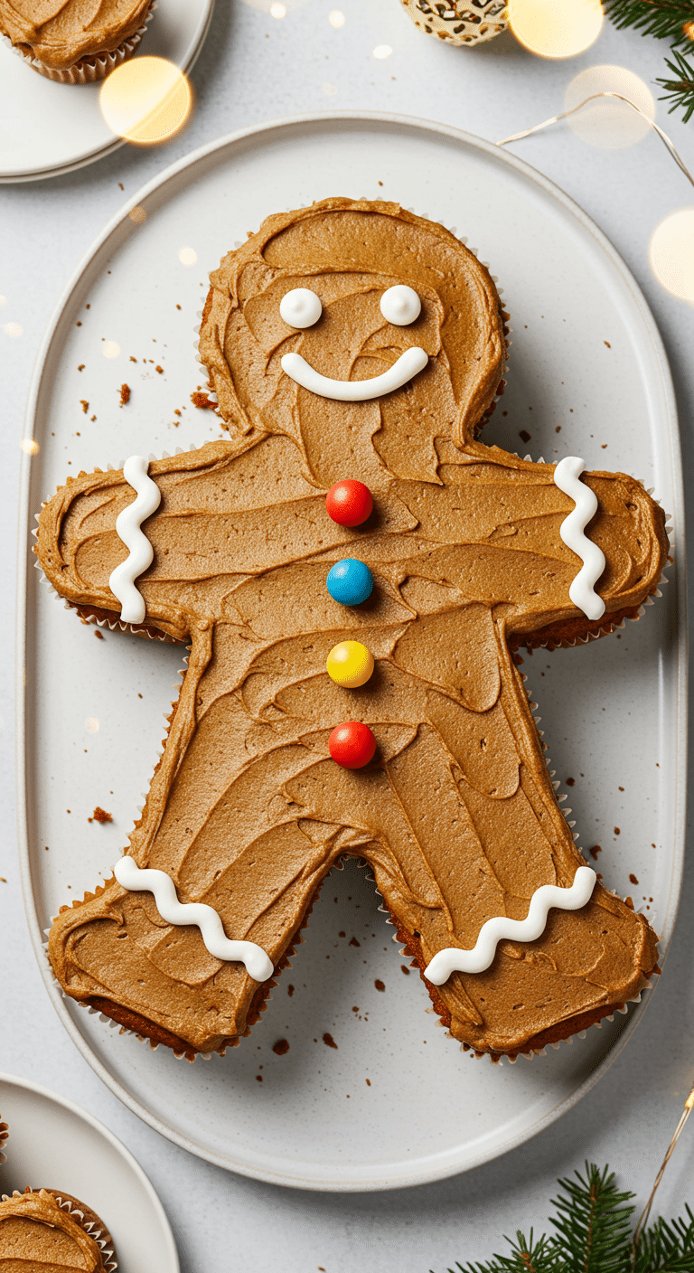A beautiful, overhead shot of a homemade, festive Pull-Apart Gingerbread Man Cupcake Cake, with a dark, piped frosting, gumdrop buttons, and a single cupcake pulled away.