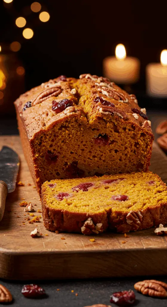 A beautiful, rustic cutting board with a homemade, moist Pumpkin Bread, with three thick, tender slices cut to show the cranberries and pecans inside.