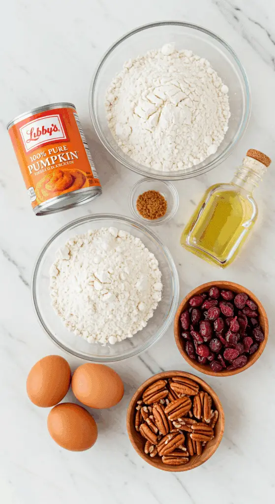 The simple, from-scratch ingredients for the classic and moist Cranberry Pecan Pumpkin Bread.