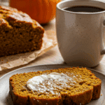 A beautiful slice of homemade, moist Cranberry Pecan Pumpkin Bread with a smear of butter, being enjoyed with a cup of coffee on a cozy fall morning.