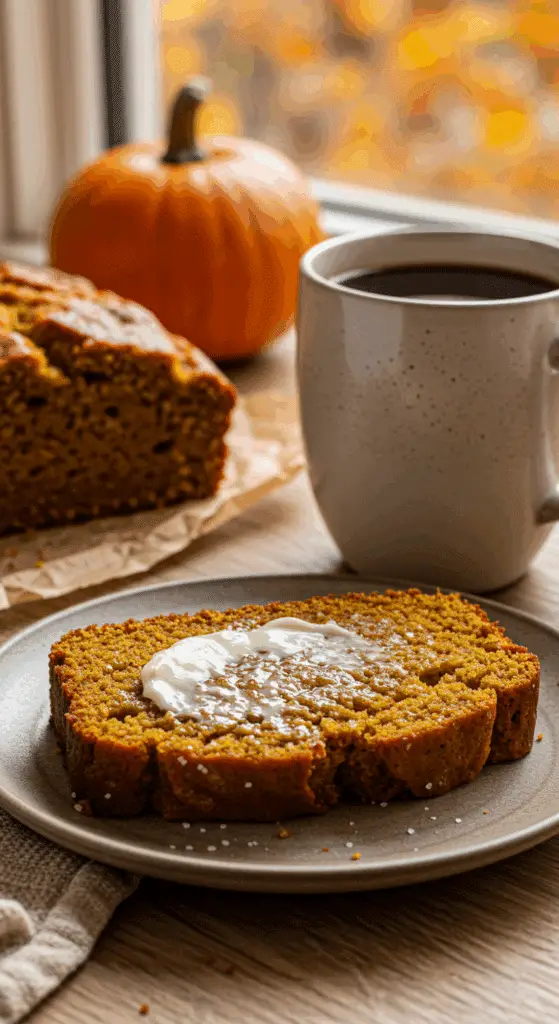 A beautiful slice of homemade, moist Cranberry Pecan Pumpkin Bread with a smear of butter, being enjoyed with a cup of coffee on a cozy fall morning.