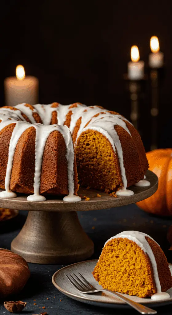 A beautiful, golden-brown homemade, moist Pumpkin Bundt Cake on a cake stand, with a thick, white cream cheese glaze dripping down the sides and a perfect, tender slice cut out.