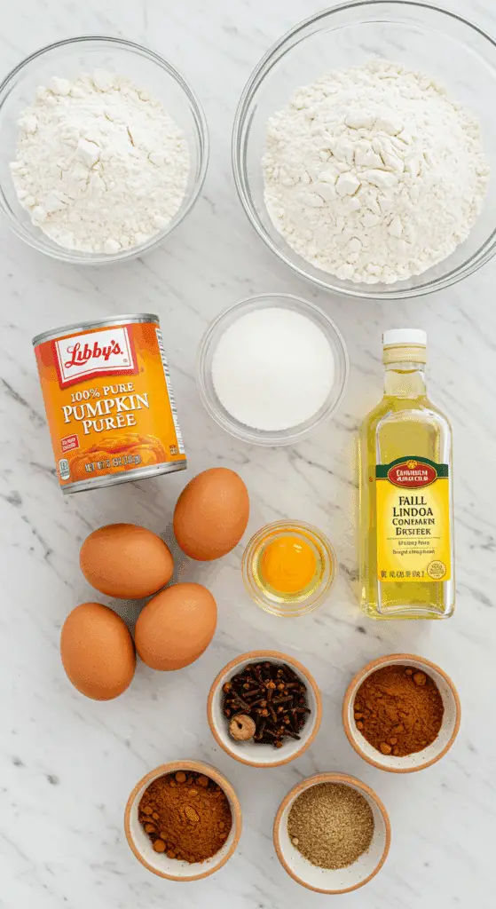 The simple, from-scratch ingredients for the classic and moist Pumpkin Bundt Cake recipe.