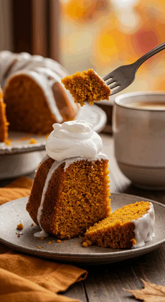A beautiful slice of homemade, moist, and glazed Pumpkin Bundt Cake being enjoyed with a fork and a cup of coffee on a cozy fall morning.