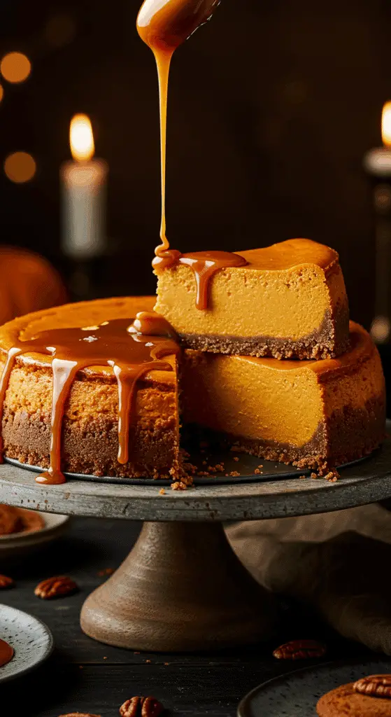 A beautiful, elegant cake stand with a homemade, festive Pumpkin Gingersnap Cheesecake, with a dark crust, a creamy orange interior, and a glossy salted caramel sauce being drizzled on top.