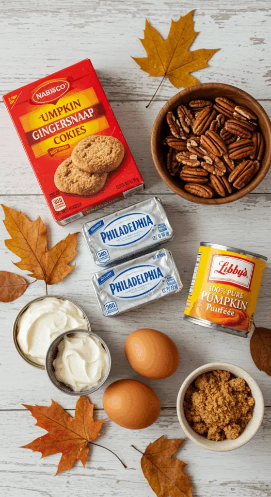 The simple, from-scratch ingredients for the festive and impressive Pumpkin Gingersnap Cheesecake with Salted Caramel Sauce.