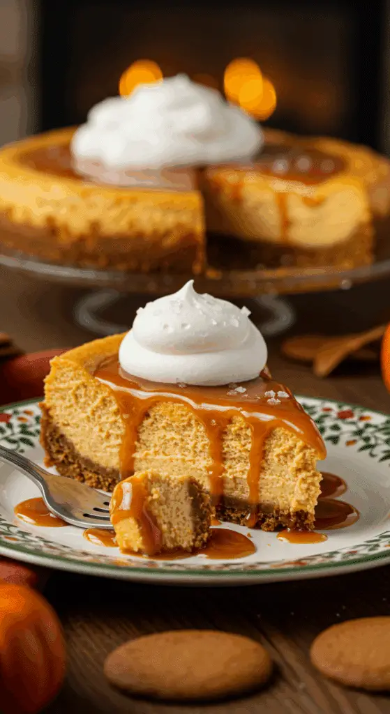 A beautiful plate with a homemade, festive, and creamy slice of a Pumpkin Cheesecake being served for a holiday dessert.