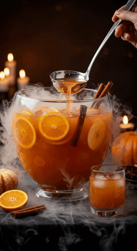 A beautiful, large glass punch bowl of a homemade, spooky, and orange "Pumpkin Spice" Punch, with fresh fruit garnishes and a dry ice fog effect.