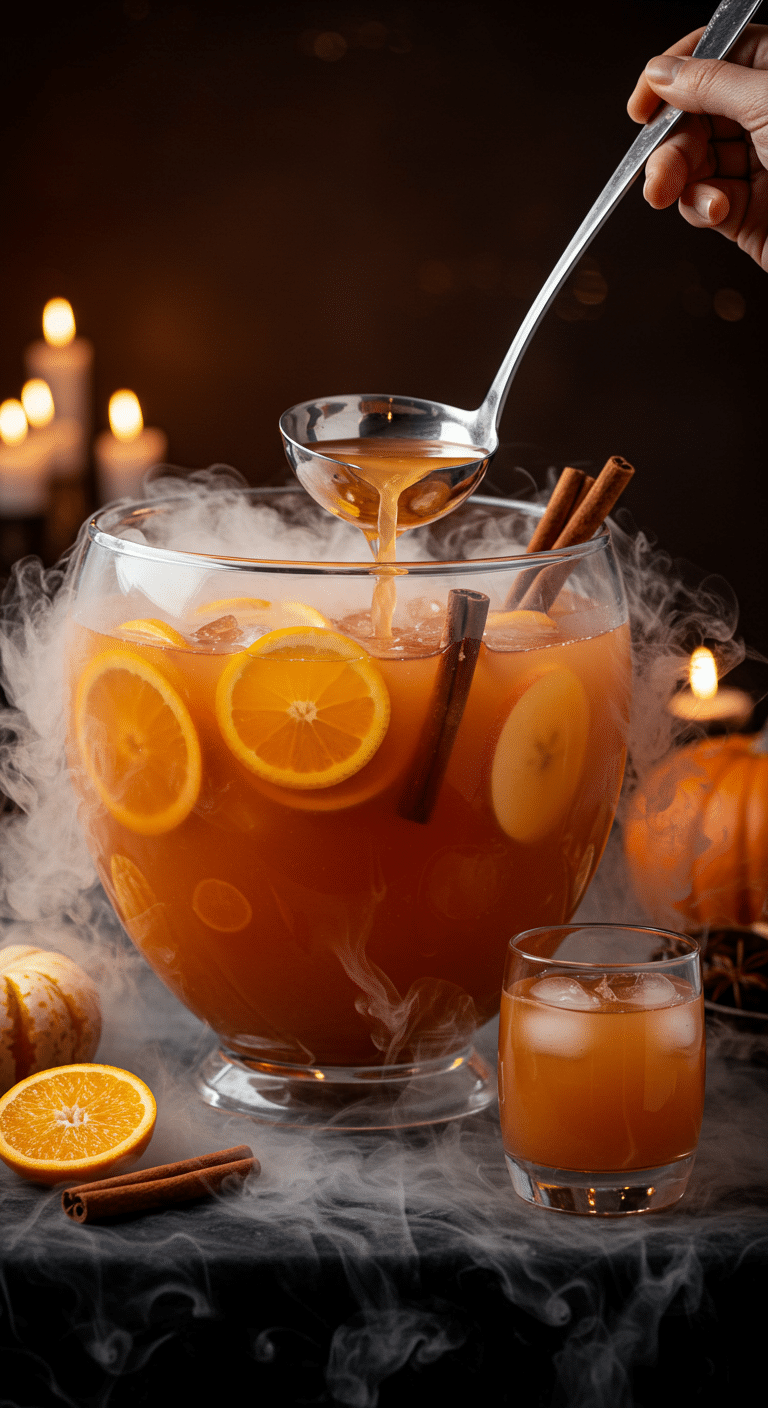 A beautiful, large glass punch bowl of a homemade, spooky, and orange "Pumpkin Spice" Punch, with fresh fruit garnishes and a dry ice fog effect.