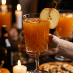 A hand holding an elegant glass of a homemade, orange, and spooky "Pumpkin Spice" Punch at a fun and festive Halloween party.