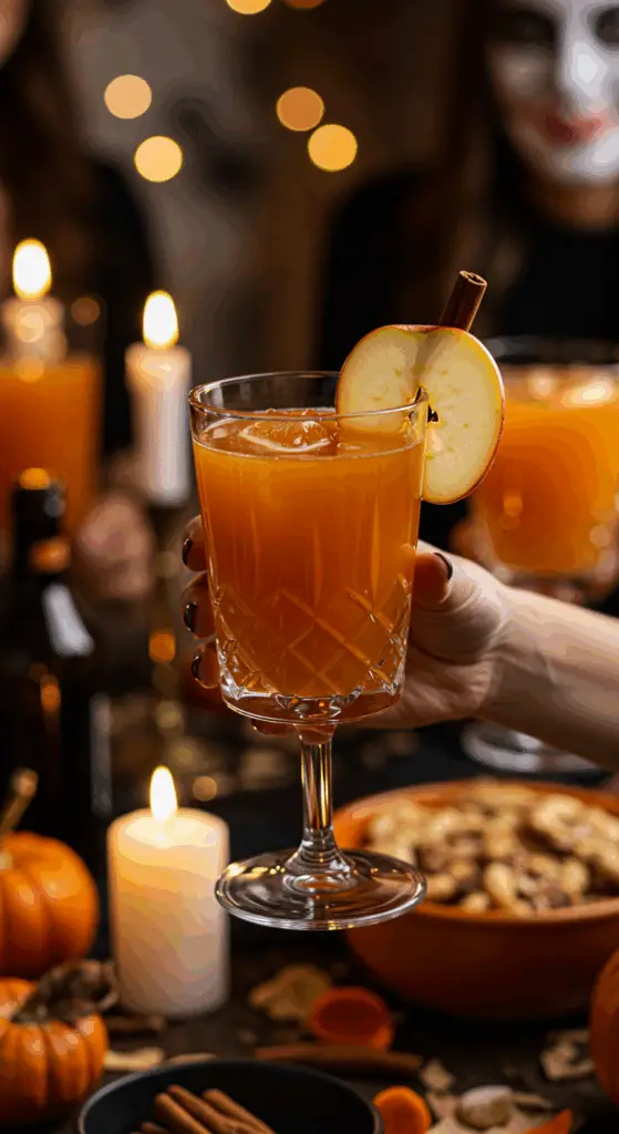 A hand holding an elegant glass of a homemade, orange, and spooky "Pumpkin Spice" Punch at a fun and festive Halloween party.