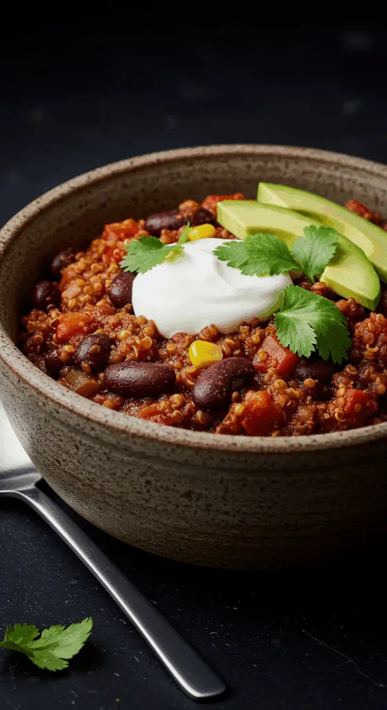 A beautiful, rustic bowl of homemade, hearty, and thick Vegan Quinoa Chili, garnished with a dollop of vegan sour cream, avocado, and cilantro.