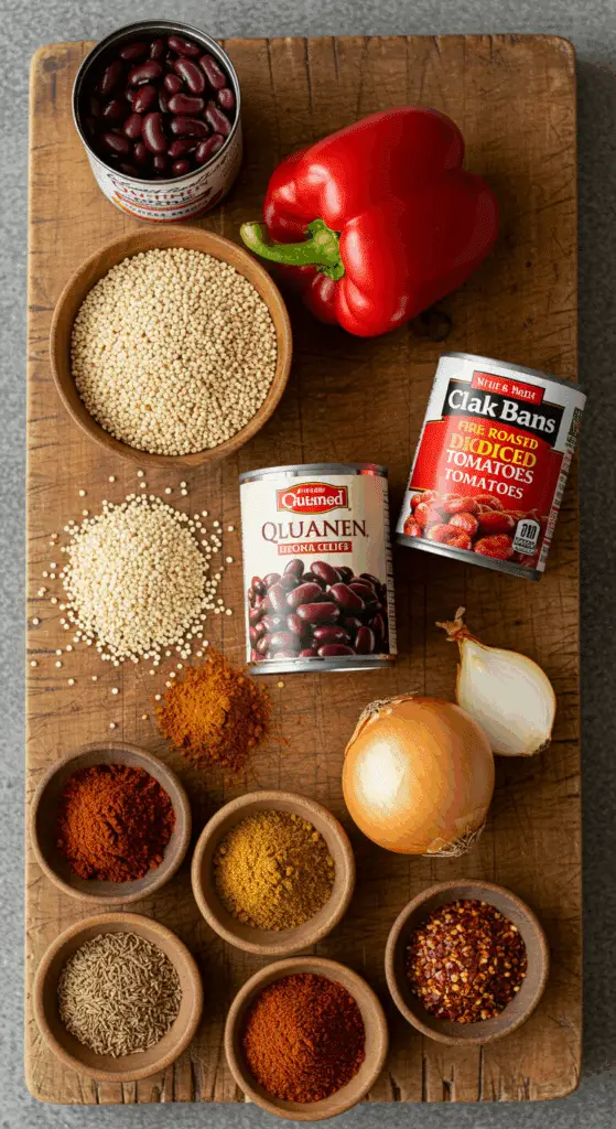 The simple, fresh ingredients for the classic and hearty one-pot Vegan Quinoa Chili recipe.