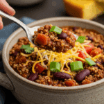 A cozy bowl of homemade, hearty Vegan Quinoa Chili being served for a casual family dinner.