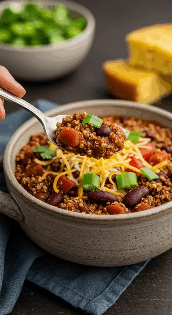 A cozy bowl of homemade, hearty Vegan Quinoa Chili being served for a casual family dinner.
