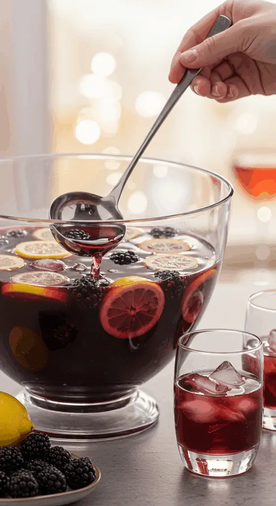 A beautiful, large glass punch bowl of a homemade, refreshing, and deep purple Blackberry Lemonade Punch, with fresh lemon and blackberry garnishes.