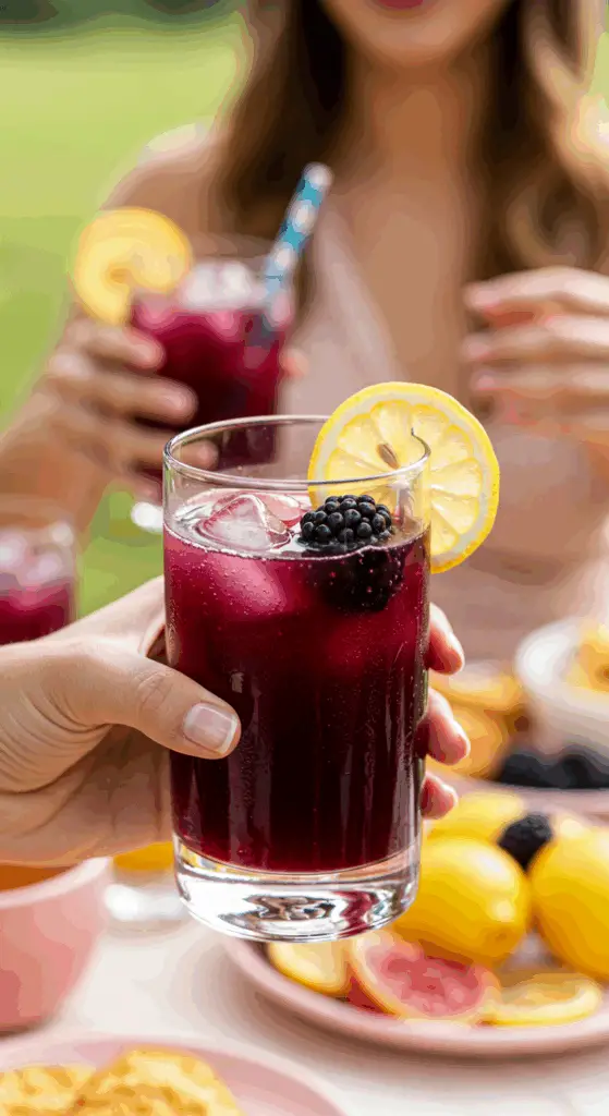 A hand holding an elegant glass of a homemade, purple, and refreshing Blackberry Lemonade Punch at a fun and festive outdoor party.