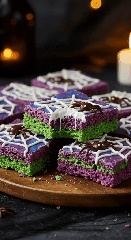 A beautiful, rustic platter of homemade, spooky, and layered Halloween Crispy Rice Treats, with a marbled purple and green base, a white marshmallow spiderweb, and a cute chocolate spider.
