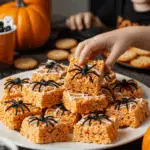 A large platter of homemade, spooky, and colorful Halloween Crispy Rice Treats being served at a fun and casual Halloween party.