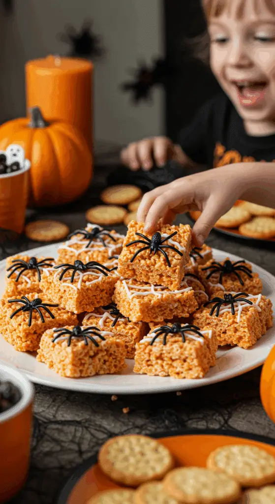 A large platter of homemade, spooky, and colorful Halloween Crispy Rice Treats being served at a fun and casual Halloween party.