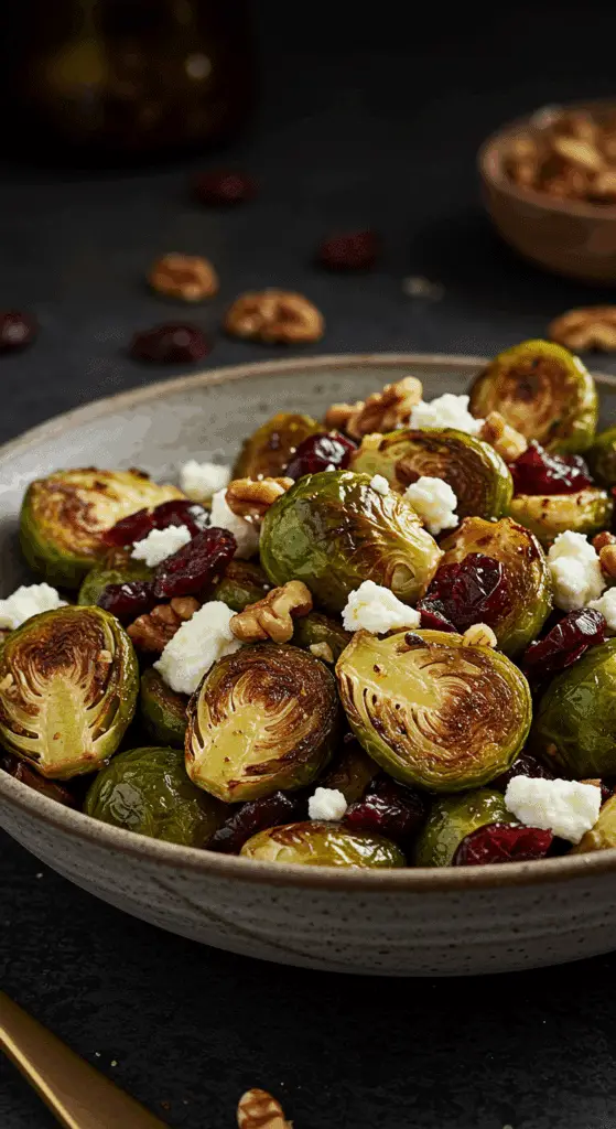 A beautiful, rustic bowl of homemade, crispy, and caramelized Roasted Brussels Sprouts, tossed with crumbled goat cheese, dried cranberries, and walnuts.