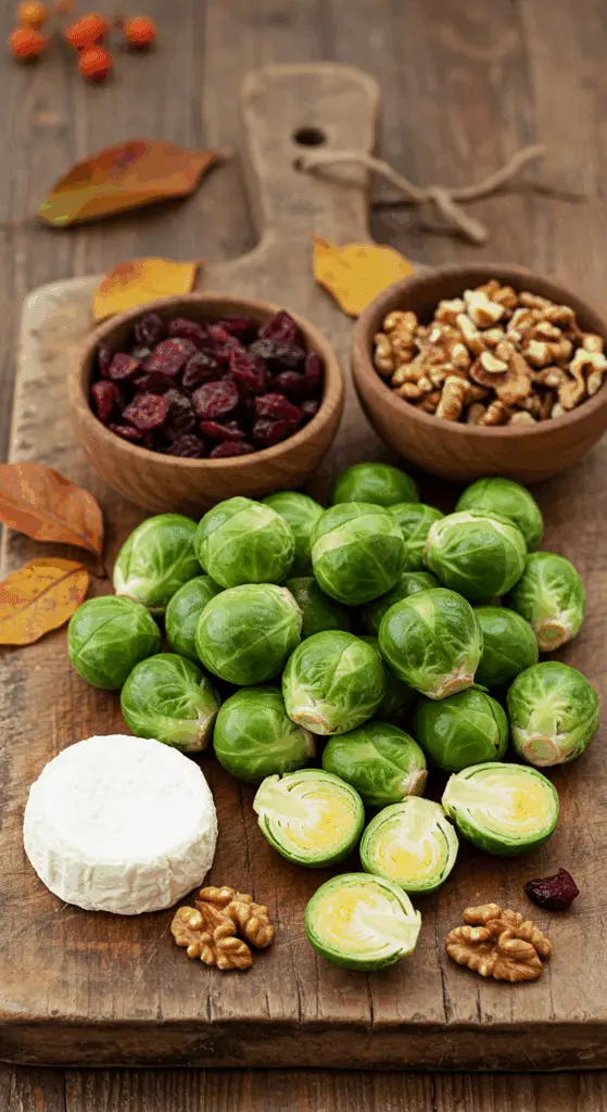 The simple, fresh ingredients for the classic and easy Roasted Brussels Sprouts recipe with goat cheese, cranberries, and walnuts.