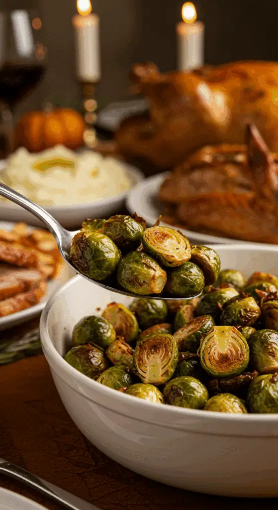 A beautiful bowl of homemade, crispy Roasted Brussels Sprouts being served as a side dish at a festive Thanksgiving holiday dinner.